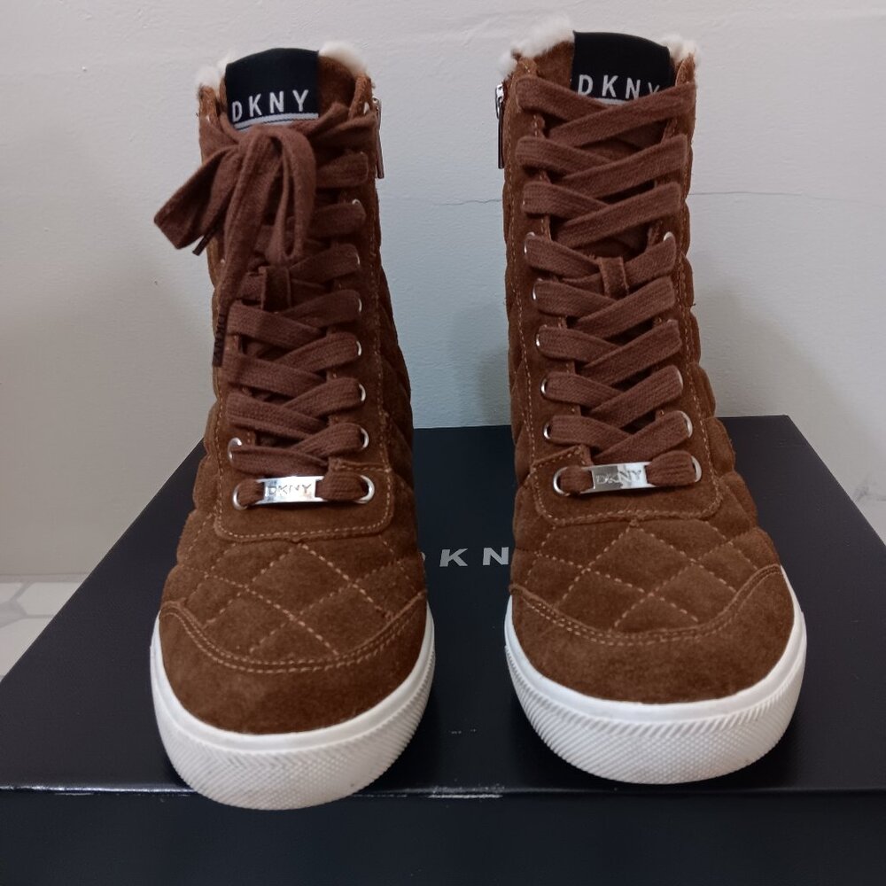 DKNY FAUX SUEDE WEDGE ANKLE BOOTS